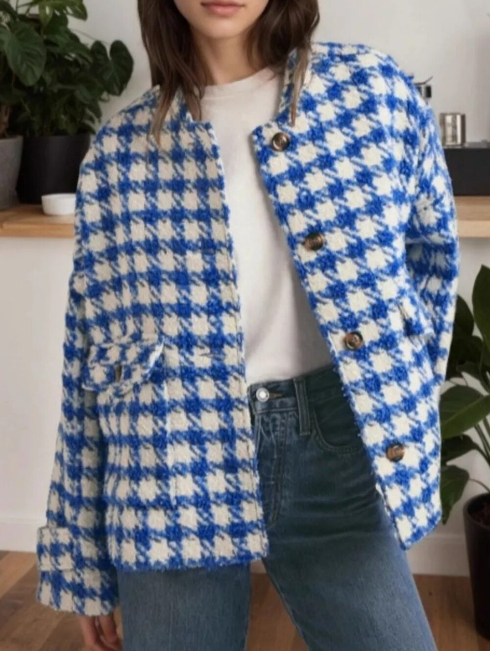 Houndstooth Button Up Long Sleeve Jacket